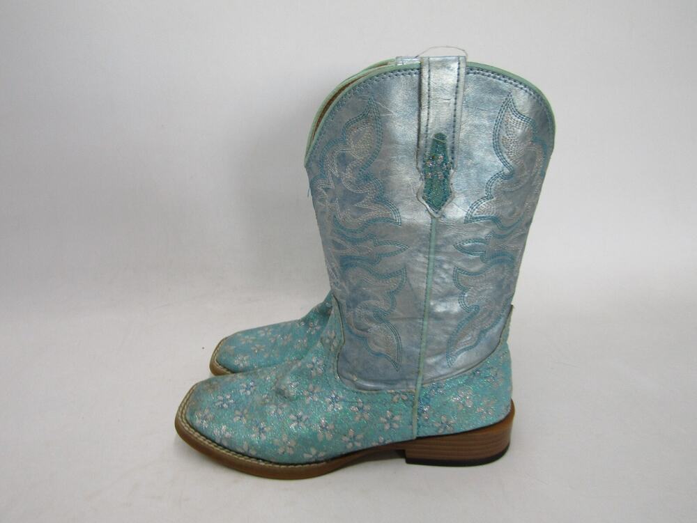 Roper Brand Little Kid Youth Sz 3 Metallic Turquoise Floral Glitter Cowboy Boot